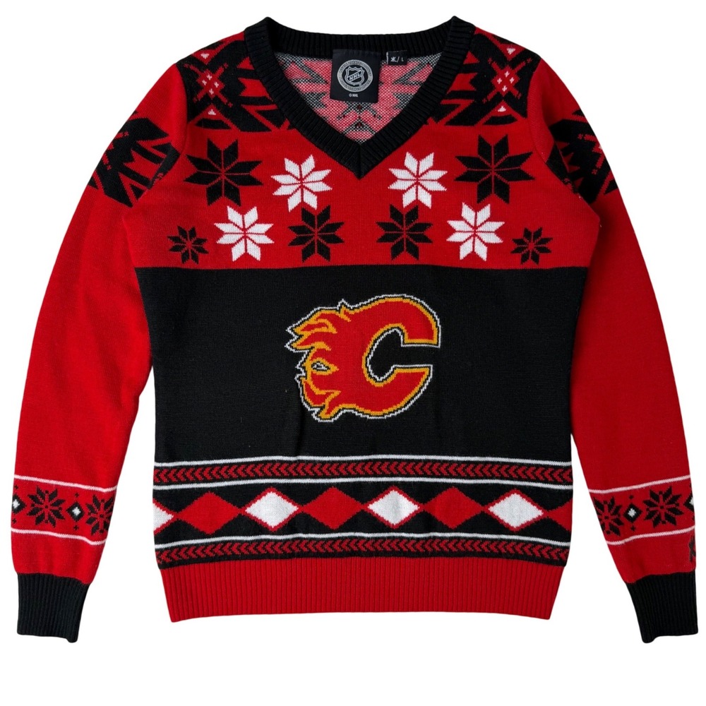 Calgary‎ Flames NHL Ugly Christmas Sweater V-Neck Knit Red Black Unisex Large